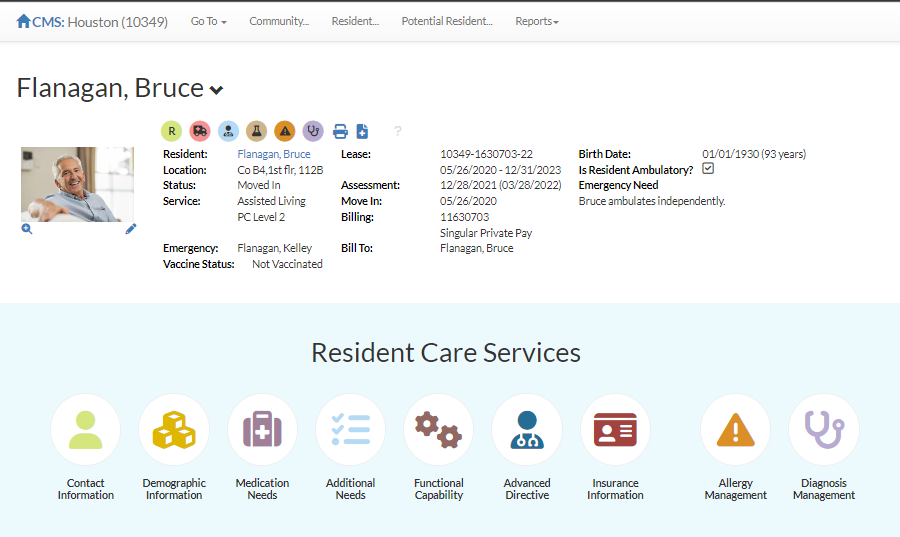 A screenshot of a resident care dashboard within senior living software.